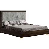 Travertine King Bed in Grey & Brown Marble Look & Dark Wood